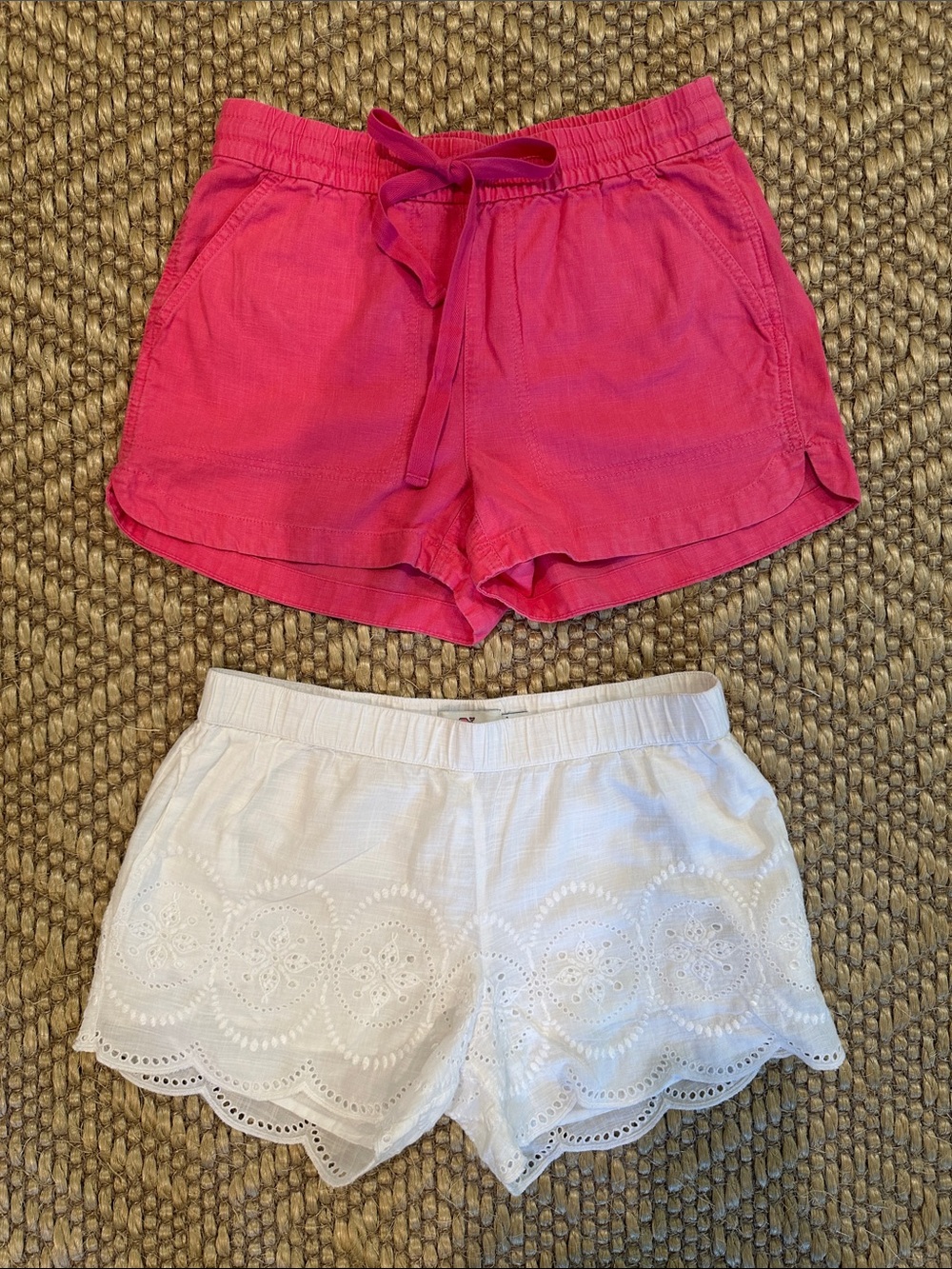 Jcrew (pink) and Vineyard Vines (white) shorts